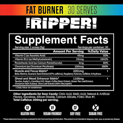 JNX SPORTS The Ripper! Shredding Thermogenic Fat Burner - Sour Candy 30 Servings | Advanced Fast Acting Stim Thermogenesis, Appetite Suppressant for Men & Women