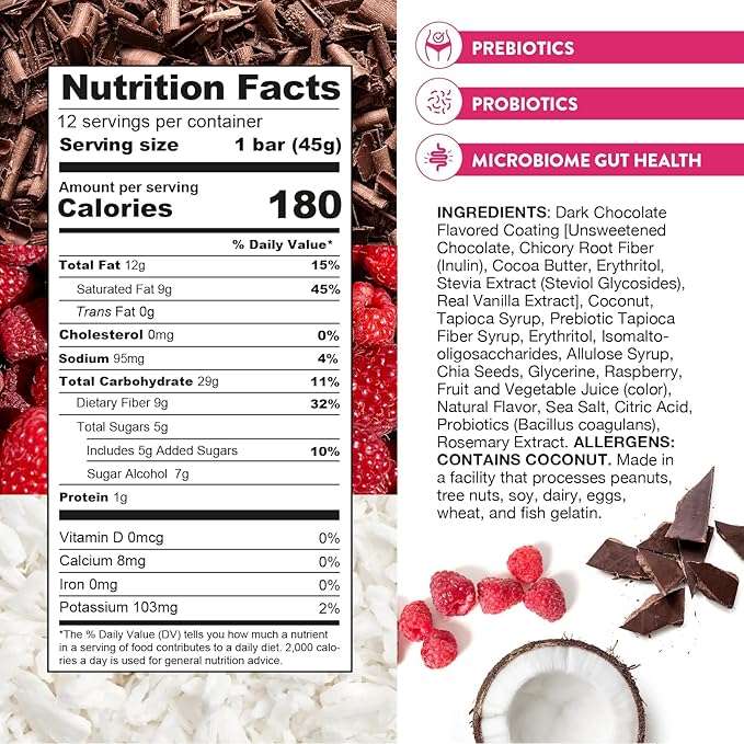 Truth Bar Prebiotic & Probiotic Keto Snack Vegan Bars with Omega-3's - Synbiotic High Fiber Snacks - Low Sugar, Kosher, Gluten Free - Dark Chocolate Coconut Raspberry Truffle (Pack of 12)
