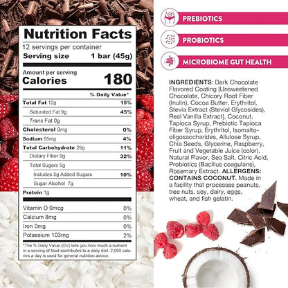 Truth Bar Prebiotic & Probiotic Keto Snack Vegan Bars with Omega-3's - Synbiotic High Fiber Snacks - Low Sugar, Kosher, Gluten Free - Dark Chocolate Coconut Raspberry Truffle (Pack of 12)