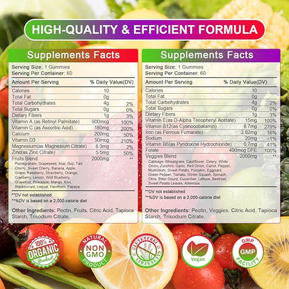 Sugar-Free Fruits and Veggies Gummies Supplement, Multi-Vitamins & Minerals in Gummies, Natural Fruits and Vegetables Supplement, Immunity & Antioxidant & Energy Supplements for Women & Men
