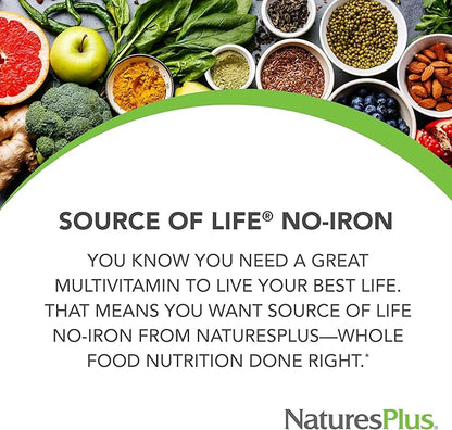 Natures Plus Source of Life No Iron - 180 Tablets, Pack of 2 - Multi-Vitamin & Mineral Supplement - Supports Natural Energy & Overall Well-Being - Gluten Free, Vegetarian - 120 Total Servings