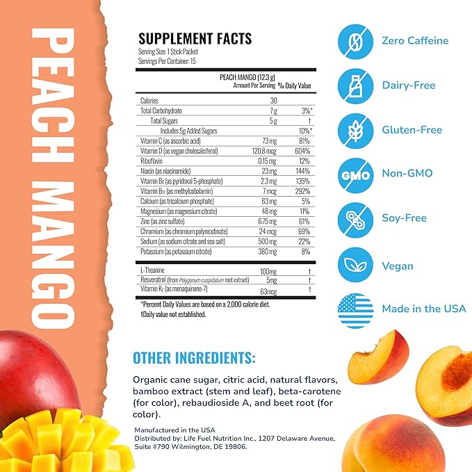 Energy + Hydration Amplifier - Multivitamin Electrolyte Powder Packets with Vitamins D3 K2 & B6 B12 | L-Theanine, Cane Sugar, Caffeine Free Energy Drink Powder | Peach Mango, 15 Pack