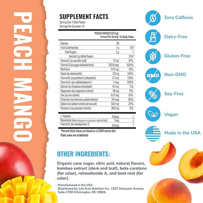 Energy + Hydration Amplifier - Multivitamin Electrolyte Powder Packets with Vitamins D3 K2 & B6 B12 | L-Theanine, Cane Sugar, Caffeine Free Energy Drink Powder | Peach Mango, 15 Pack