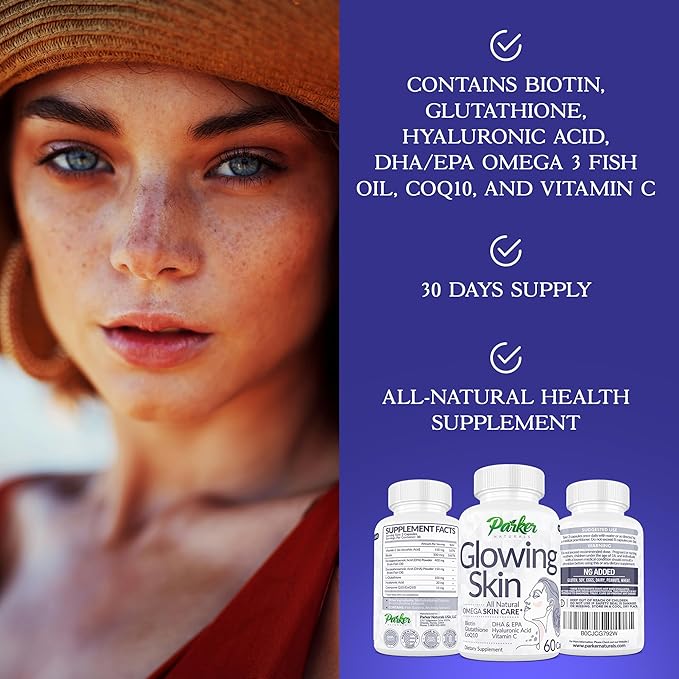 Glowing Skin Supplement - Biotin, Glutathione, Hyaluronic Acid, DHA/EPA Omega 3 Fish Oil, CoQ10, Vitamin C, All Natural Skin Care Supplement, 60 Caps
