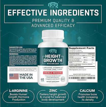 Height Growth Maximizer, Calcium, Vitamin D3 and Zinc Blend Pills, Bone Growth Supplement for Kids and Teens, Bone Strength, Density Support, GMO-Free, Gluten-Free, Made in USA, 60 Caps