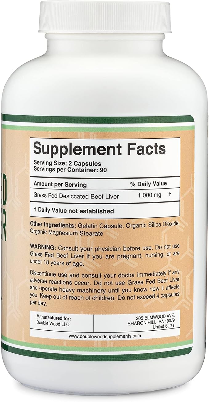 Beef Liver Capsules (1,000mg of Grass Fed, Desiccated Beef Liver per Serving, 180 Capsules, 3 Month Supply) Beef Liver Supplement for Digestion, Immune Health, Energy, and Wellness by Double Wood
