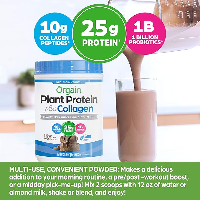 Orgain Protein Powder + Collagen, Creamy Chocolate Fudge - 25g of Protein, 10g Collagen Peptides, Type I & III, 1B CFU Probiotics, Supports Hair, Skin, Nail, Joint & Gut Health, Gluten Free - 1.6lb