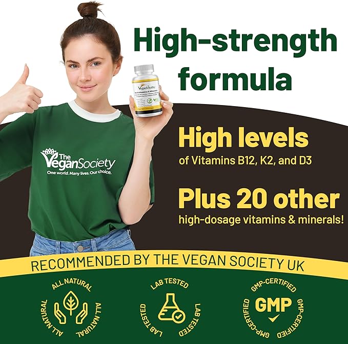 Vegan Multivitamins & Minerals for Women and Men with High Strength Vitamin B12, D3 & K2. 180 Multivitamin Tablets - 6 Months Supply. Vitamins for Vegans & Vegetarians