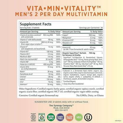 PURE SYNERGY Vita·Min·Vitality | Natural Multivitamin for Men | Men’s Daily Multivitamin Made with Organic Whole Foods | for Energy, Stress, and Immune Support (60 Tablets)