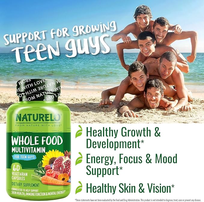 NATURELO Whole Food Multivitamin for Teenage Boys - Vitamins and Minerals Supplement for Active Kids - with Plant Extracts - Non-GMO - Vegan & Vegetarian - 60 Capsules