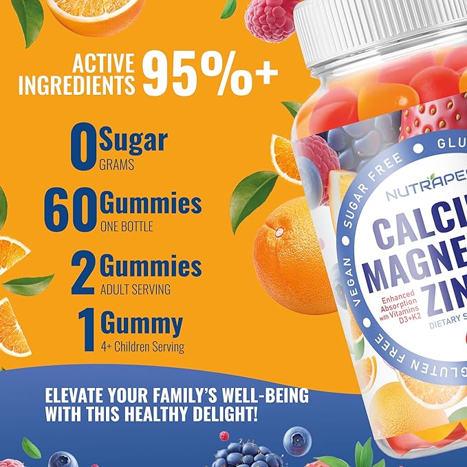 Calcium Magnesium Zinc Supplement Gummies - with Vitamin D3 K2 Magnesium Glycinate - Orange Berry Flavored Vegan Sugar-Free Gluten Free Chewable for Men Women Kids