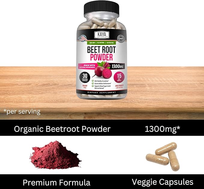 Kaya Naturals Premium Organic Beet Root Powder Supplements - Promotes Healthy Circulation and Nitric Oxide Flow - Non-GMO and Gluten Free - 30 Count