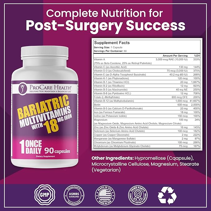 ProCare Health Bariatric Multivitamin with Iron 18mg (03 Month Supply) - Post-Op Bariatric Vitamins for Gastric Bypass Bariatric Surgery Patients, Supports Recovery (90 Easy to Swallow Capsules)