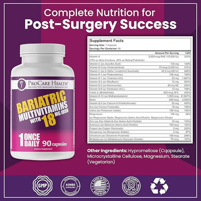 ProCare Health Bariatric Multivitamin with Iron 18mg (03 Month Supply) - Post-Op Bariatric Vitamins for Gastric Bypass Bariatric Surgery Patients, Supports Recovery (90 Easy to Swallow Capsules)