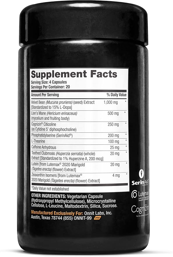 ONNIT Alpha Brain Black Label Capsule (80ct) Premium Citicoline Brain Supplement - Focus, Concentration & Memory - Lion's Mane, Hericium Erinaceus, L Theanine & Mucuna Pruriens