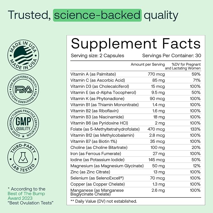 MIRA Prenatal Multi-Vitamins for Women, Folate & Choline, Supplement for Before, During, and Post Pregnancy, Support Your Pregnancy & Fetal Development, 60 Capsules (30 Servings), 1 Pack