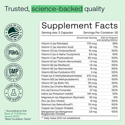 MIRA Prenatal Multi-Vitamins for Women, Folate & Choline, Supplement for Before, During, and Post Pregnancy, Support Your Pregnancy & Fetal Development, 60 Capsules (30 Servings), 1 Pack