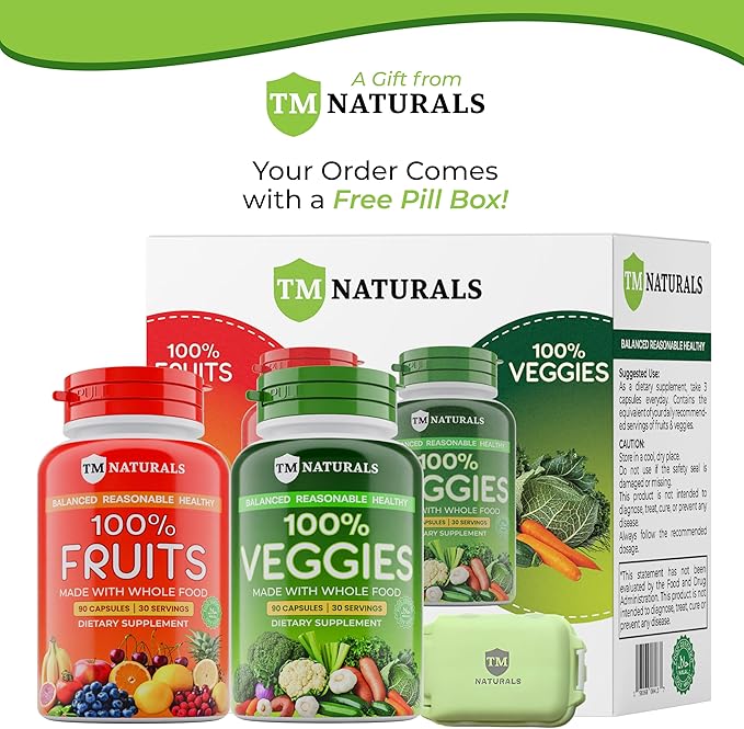 Fruit and Veggies Supplement - Super Greens Men's and Women's Multivitamin -90 Fruit and 90 Vegetables Capsules - Boost High Protein & Energy - 90 Count (Pack of 2) + Travel Size Pill Box