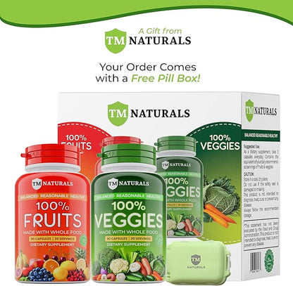 Fruit and Veggies Supplement - Super Greens Men's and Women's Multivitamin -90 Fruit and 90 Vegetables Capsules - Boost High Protein & Energy - 90 Count (Pack of 2) + Travel Size Pill Box