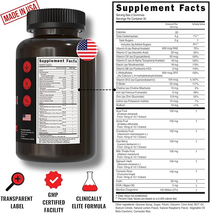 Cheat Death, 20-in-1 Multivitamin for Men & Women | L-Methylfolate + B12 | Pre + Probiotics | 7 Herb + Fruit Extracts | Full Spectrum Longevity Support | 60 Gummies.