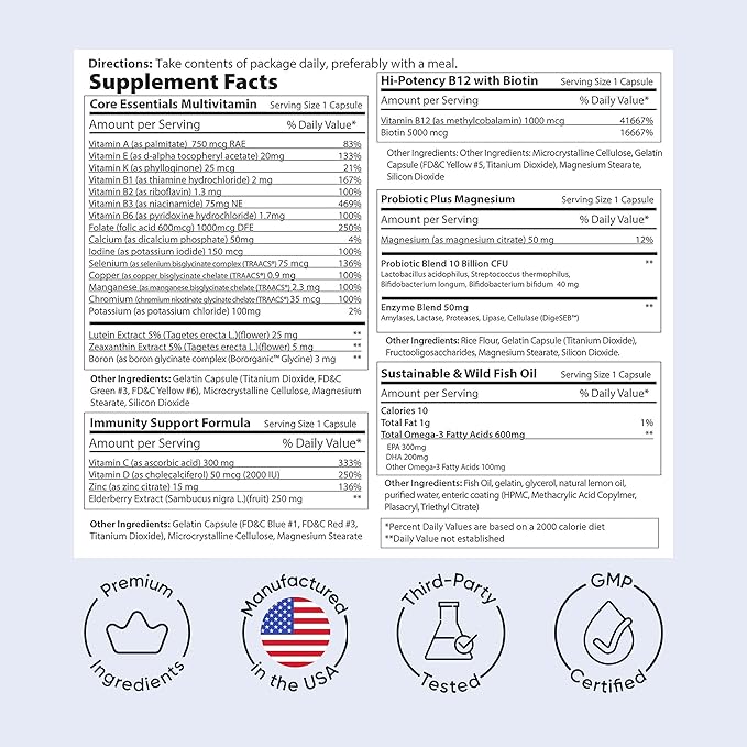 Planet 3 Vitamin Packs, Daily Vitamins for Immune, Energy, Heart & Vision Support | Multivitamins, Vitamin D, Probiotics, Omega 3, Methyl B12 | Core Supplements for Women and Men | 30 Daily Packs