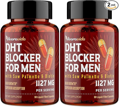 DHT Blocker for Men | Hair Growth Supplement with Saw Palmetto & Biotin - Hair Growth Vitamins - Hair Regrowth - Natural Hair Loss Supplements Liquid-Filled - Proprietary Herbal Blends (180 Capsules)