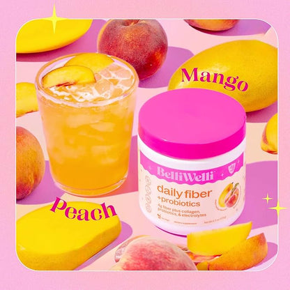 Daily Fiber Supplement Powder with Collagen, Probiotics & Electrolytes | Supports Digestive Health, Gut Balance & Debloating | Peach Mango | 16 Servings