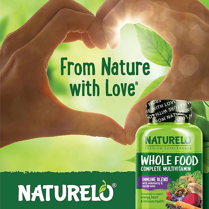 NATURELO Whole Food Multivitamin + Immune Blend with Elderberry & Mushrooms - Complete Multivitamin with Extra Immune Support - C, D3, Zinc, Elderberry, Reishi, Shitake - 60 Vegan Capsules