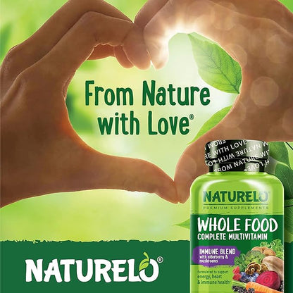 NATURELO Whole Food Multivitamin + Immune Blend with Elderberry & Mushrooms - Complete Multivitamin with Extra Immune Support - C, D3, Zinc, Elderberry, Reishi, Shitake - 60 Vegan Capsules