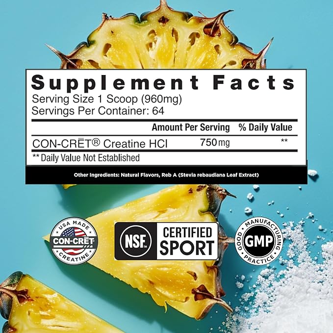 Creatine HCl Powder | Muscle, Cognitive, Cellular Energy Support | No Bloating or Cramps | USA Made & NSF Certified | Pineapple (64 Serving)