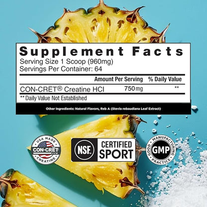 Creatine HCl Powder | Muscle, Cognitive, Cellular Energy Support | No Bloating or Cramps | USA Made & NSF Certified | Pineapple (64 Serving)