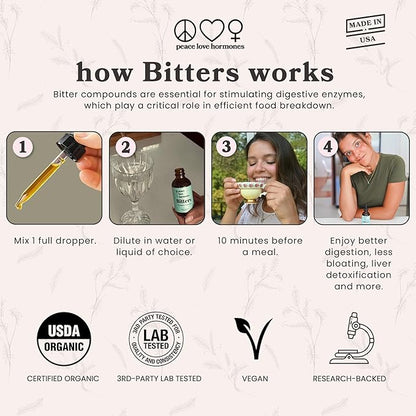 peace. love. hormones. Herbal Digestive Bitters Supplement for Women | USDA Organic Bitters for Digestion, Liver Detox with Gentian Root, Burdock Root, Dandelion Leaf Extracts - 2 fl oz, 59 Servings