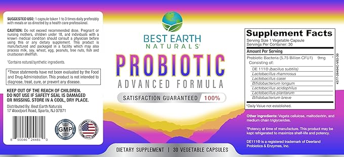 Best Earth Naturals Probiotics Advanced Formula for Women and Men with 5.75 Billion CFU - 30 Capsules (30 Day Supply)