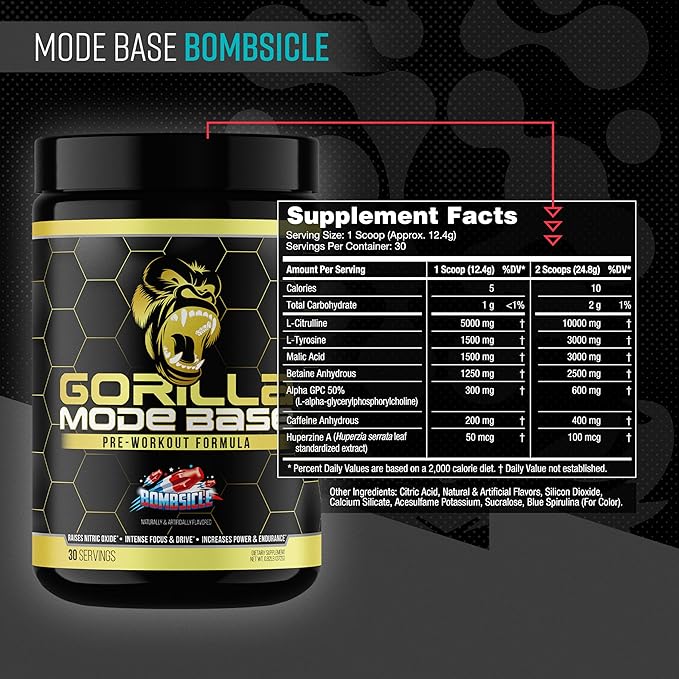 Gorilla Mode Base Pre Workout - Raises Nitric Oxide · Intense Focus & Drive · Endurance · Power - L-Citrulline, L-Tyrosine, Betaine, Alpha-GPC, Caffeine, Huperzine A - 360 Grams (Bombsicle)