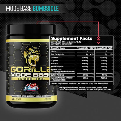 Gorilla Mode Base Pre Workout - Raises Nitric Oxide · Intense Focus & Drive · Endurance · Power - L-Citrulline, L-Tyrosine, Betaine, Alpha-GPC, Caffeine, Huperzine A - 360 Grams (Bombsicle)
