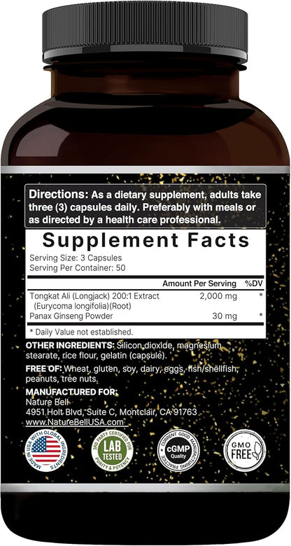 Tongkat Ali 200:1 (Longjack) Extract for Men, 2000mg Per Serving, 150 Capsules, Indonesia Origin, Eurycoma Longifolia | with Panax Ginseng for Energy, Stamina, & Male Health Support