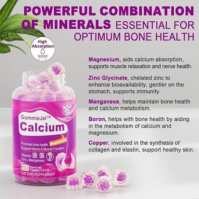 Sugar-Free Calcium Citrate Gummies 1000mg w/Vitamin D3 K2, Magnesium, Zinc, Boron, Manganese, Copper for Bone, Muscle & Immune, Ultimate Absorption Calcium Supplement for Women & Men - Vegan, 120 Cts