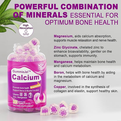 Sugar-Free Calcium Citrate Gummies 1000mg w/Vitamin D3 K2, Magnesium, Zinc, Boron, Manganese, Copper for Bone, Muscle & Immune, Ultimate Absorption Calcium Supplement for Women & Men - Vegan, 120 Cts