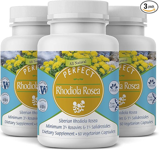 Perfect Supplements – Perfect Rhodiola Rosea – 60 Capsules – Natural Adaptogen Supplement – Increases Energy – Better Focus – 3 Pack
