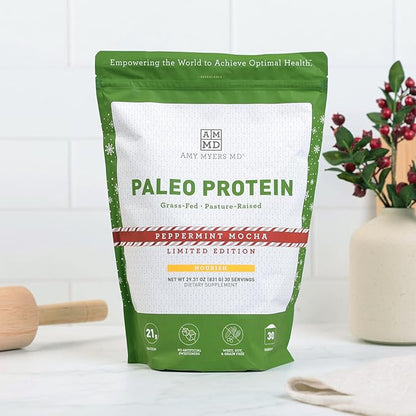 Amy Myers MD Pure Paleo Protein Powder - Clean Grass Fed Pasture Raised Protein - Hormone Free, Non-GMO, Gluten & Dairy Free - Perfect for Keto and Paleo - 29.31 Oz - Peppermint Mocha