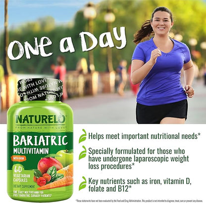 NATURELO Bariatric Multivitamin - One Daily with Iron - Supplement for Post Gastric Bypass Surgery Patients - Natural Whole Food Nutrition - 120 Veggie Capsules