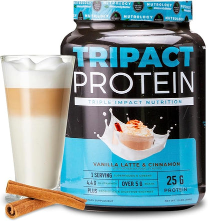Nutrology TRIPACT Protein Powder, Vanilla Latte Cinnamon Flavor, 7-in-1 Meal Replacement Shake with Grass Fed Whey Protein Powder, Pea Protein Powder, Greens, Probiotics & BCAAs, 20 Servings