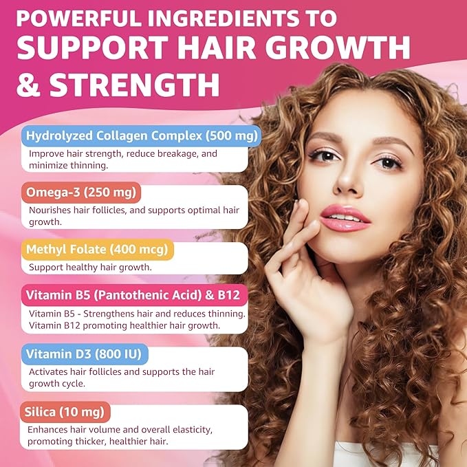 Hair Vitamins Gummies + Collagen Peptides, Biotin, Omega-3 6 9 for Women Men/w Vitamin A, C, B, Iron, Zinc - Multivitamin Gummies for Follicles, Hair Growth & Strength, Skin, Nails Health - 60Cts