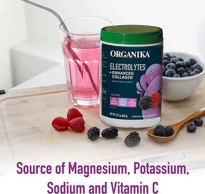 Organika Electrolytes + Enhanced Collagen- Wildberry Flavor- Sugar-Free Hydration + Protein 360 Gram - 30 Servings