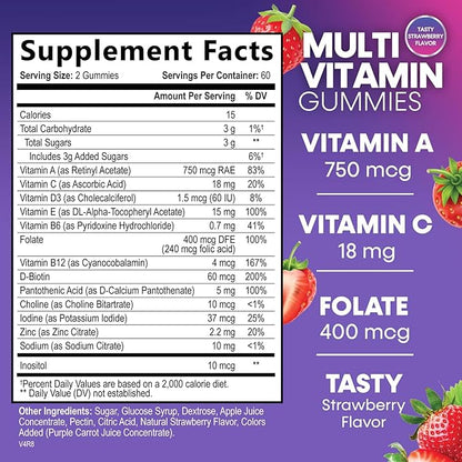 Multivitamin Gummies for Adults with 13 Vitamins and Minerals, Daily Gummy Vitamin for Women & Men, Immune Health Support Supplement with Vitamins A, C, D, E, B-6, B-12, Zinc, Berry - 120 Gummies