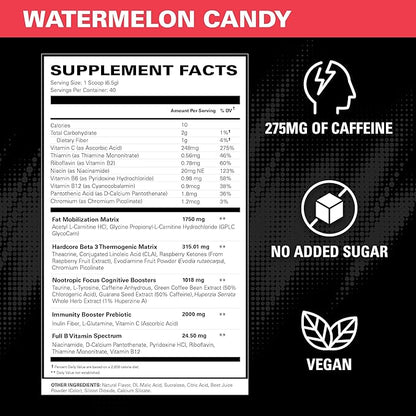 EHP Labs OxyShred Hardcore Super Dosed Pre Workout Powder - Preworkout Powder with L Glutamine & Acetyl L Carnitine, Energy Boost Drink - 275mg of Caffeine - Watermelon Candy, 40 Servings