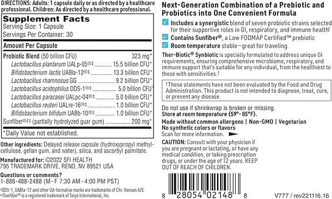 Klaire Labs SFI Health Ther-Biotic Synbiotic 50 Billion CFU Daily Probiotics for Women & Men - Pre and Probiotic with Low-FODMAP Certified Prebiotic, 7 Probiotics for Sensitive Stomachs (30 Capsules)