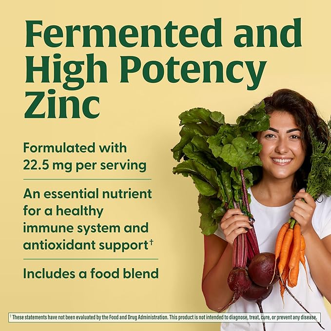 MegaFood Zinc Supplements - Vegan Immune Support Supplement With 22.5 mg High Potency Fermented Zinc - Made With Real Food - Gluten-Free, Kosher - 60 Tablets, 60 Servings