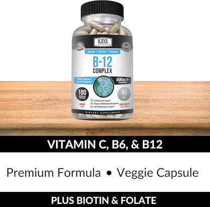 Kaya Naturals B-12 Complex | Multivitamin Supplement for Women & Men | Energy and Metabolism Booster | Vitamin Supplement with Biotin, Choline, Inositol, Folate, and Vitamin C – 180 Count