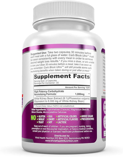 Carb Block Ultra White Kidney Bean Carb Blocker for Diet and Weight Loss Powerful Keto Diet Cheat Pills, 60 Veggie Caps
